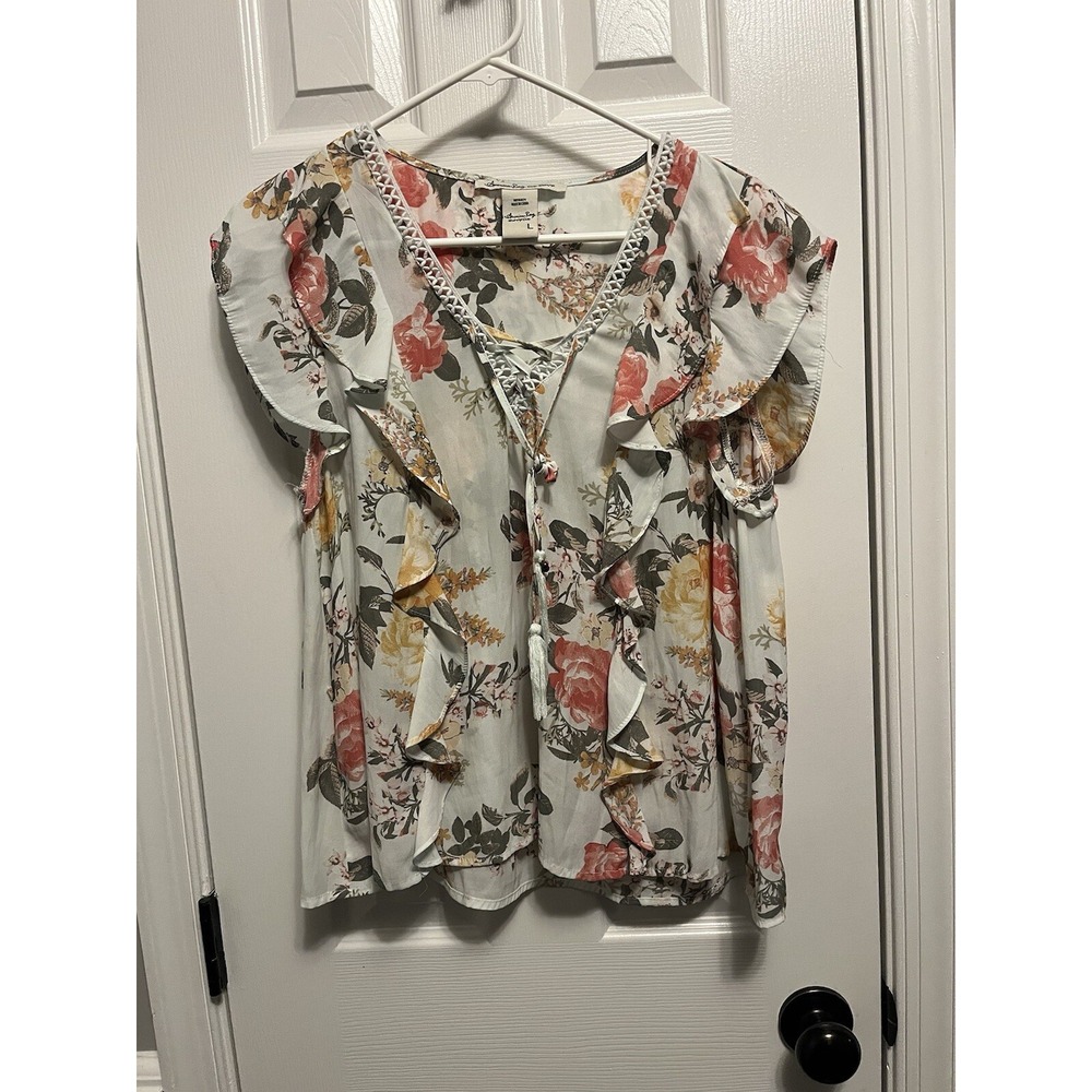American Rag Floral Lace Up Ruffle Blouse Top Size Large